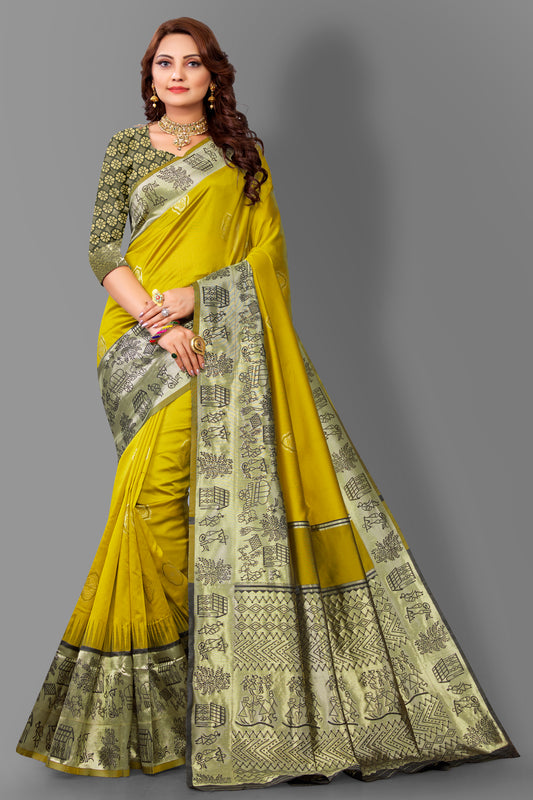 Olive Green Weaving Zari Border Saree