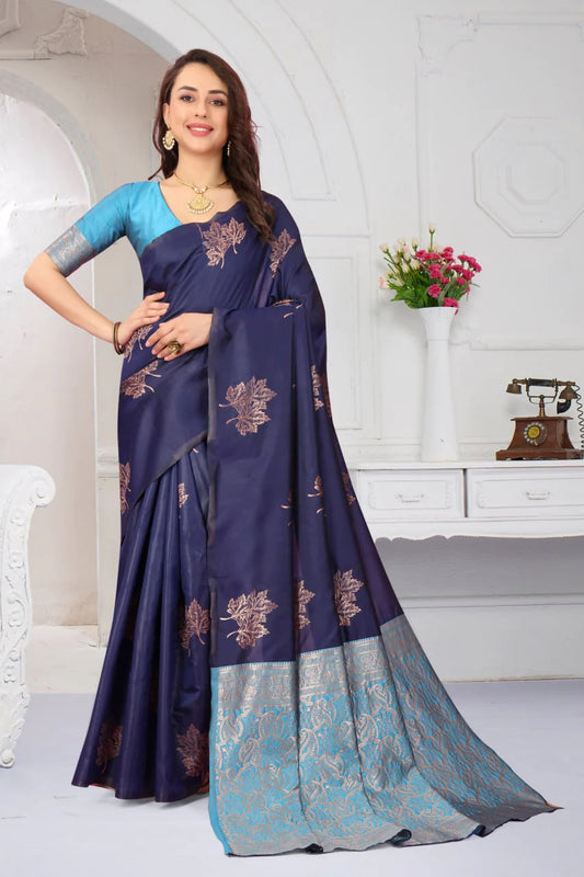 Blue Leaf Weaving Zari Banarasi Saree