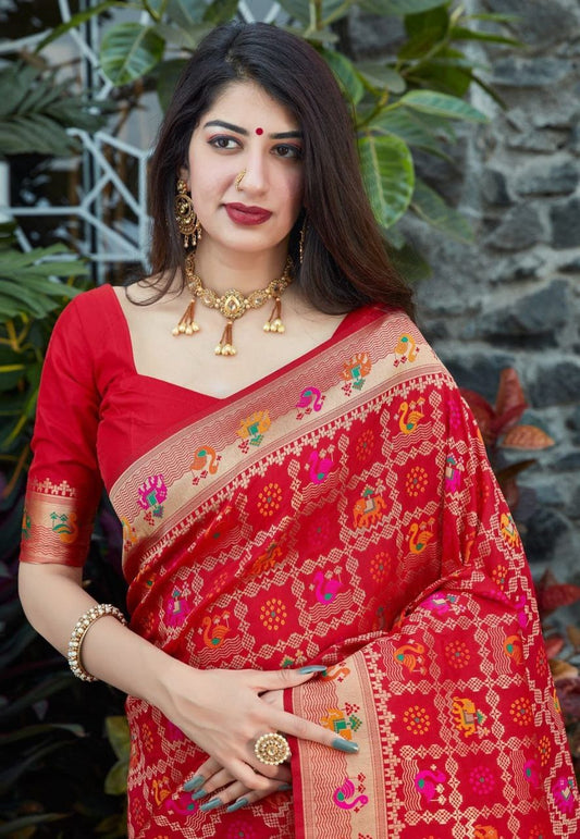 Scarlet Red Bandhani Style Silk Saree