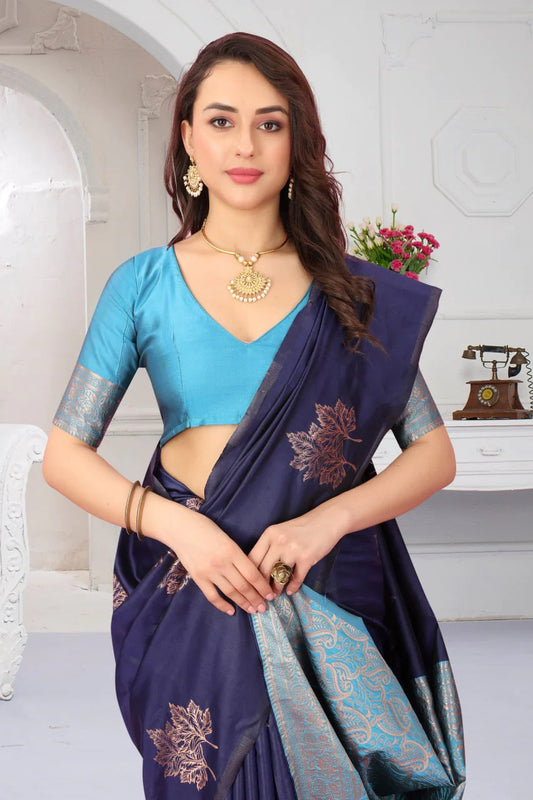 Blue Leaf Weaving Zari Banarasi Saree