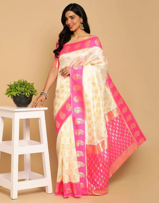 Creamy Pink Woven Banarasi Silk Saree