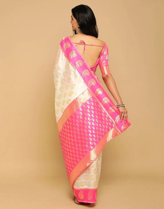 Creamy Pink Woven Banarasi Silk Saree