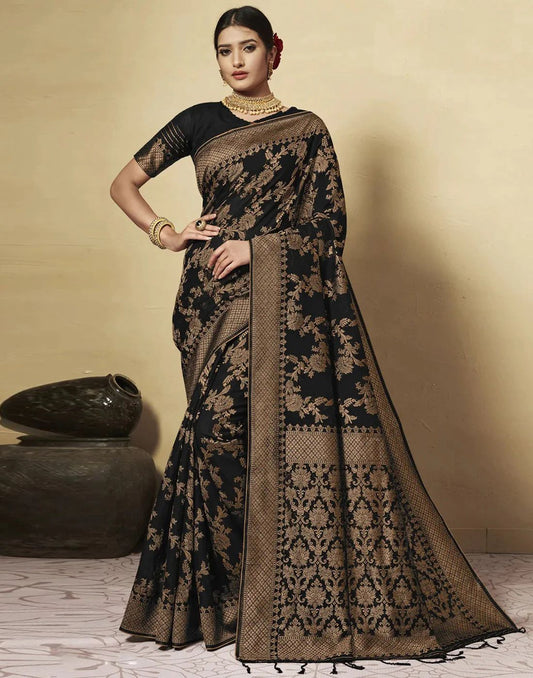 Shiny Black Tone Soft Silk Saree